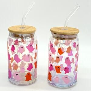 Set of 2 Iridescent Luster Glass Pink Ghost Sipper Glasses Halloween Tumbler Cup